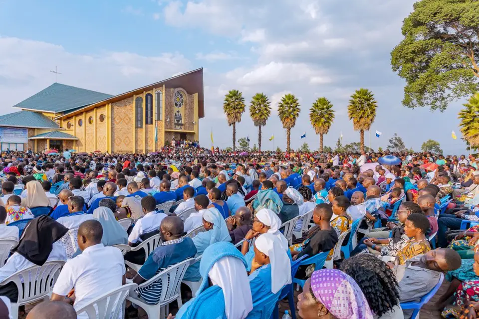 Pilgrims gathered for Mass outside a church in Kibeho